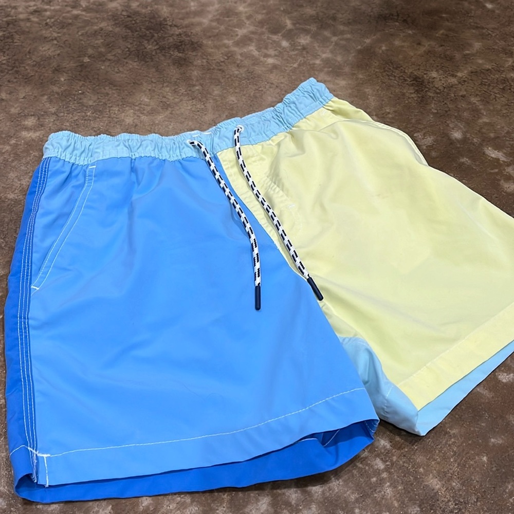 AE men’s swim truck, worn 2x, small mark on yellow panel